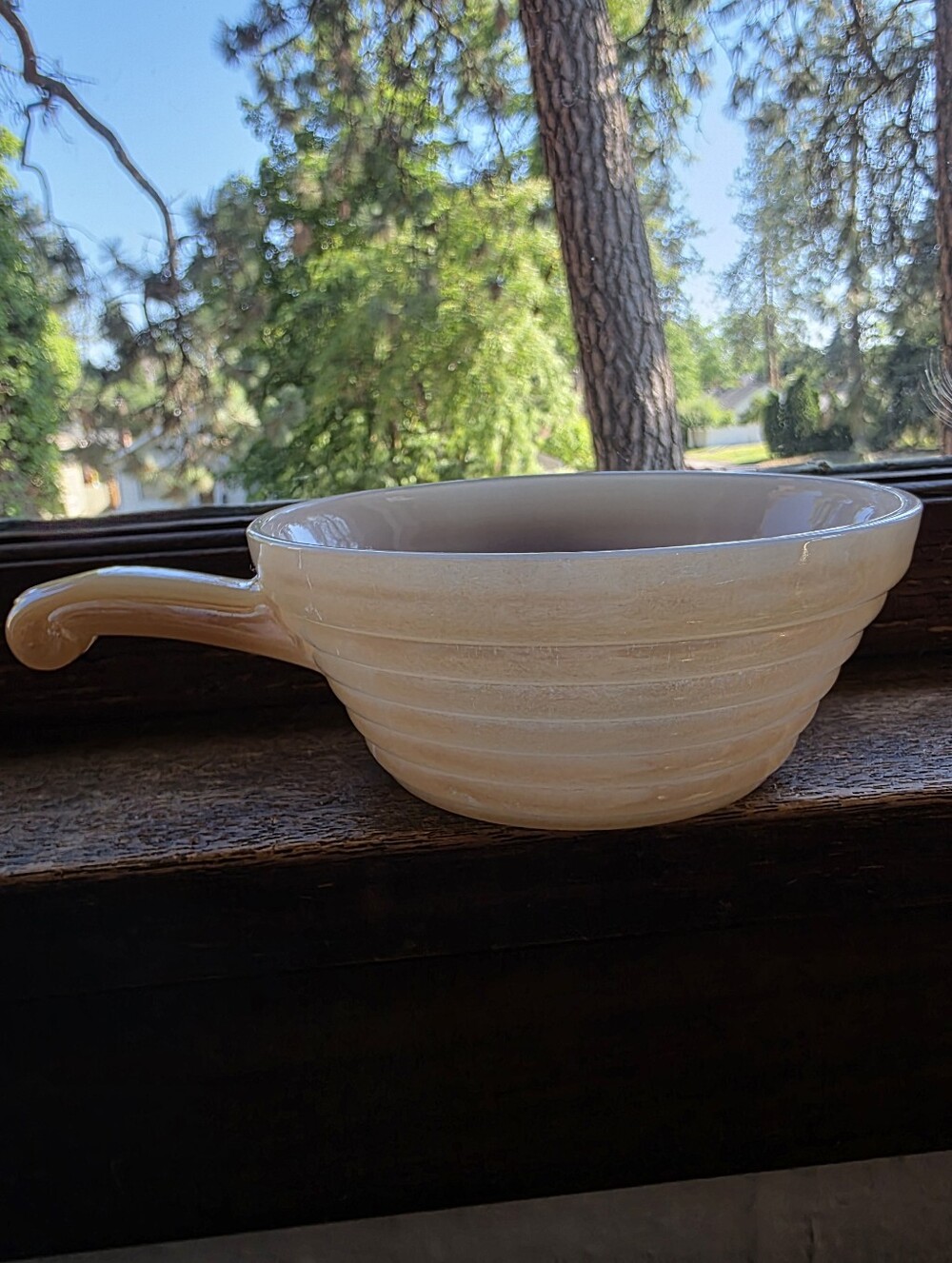 Fire King Vintage Peach Lustre Chili Bowl with Handle Beehive Ribbed Iridescent